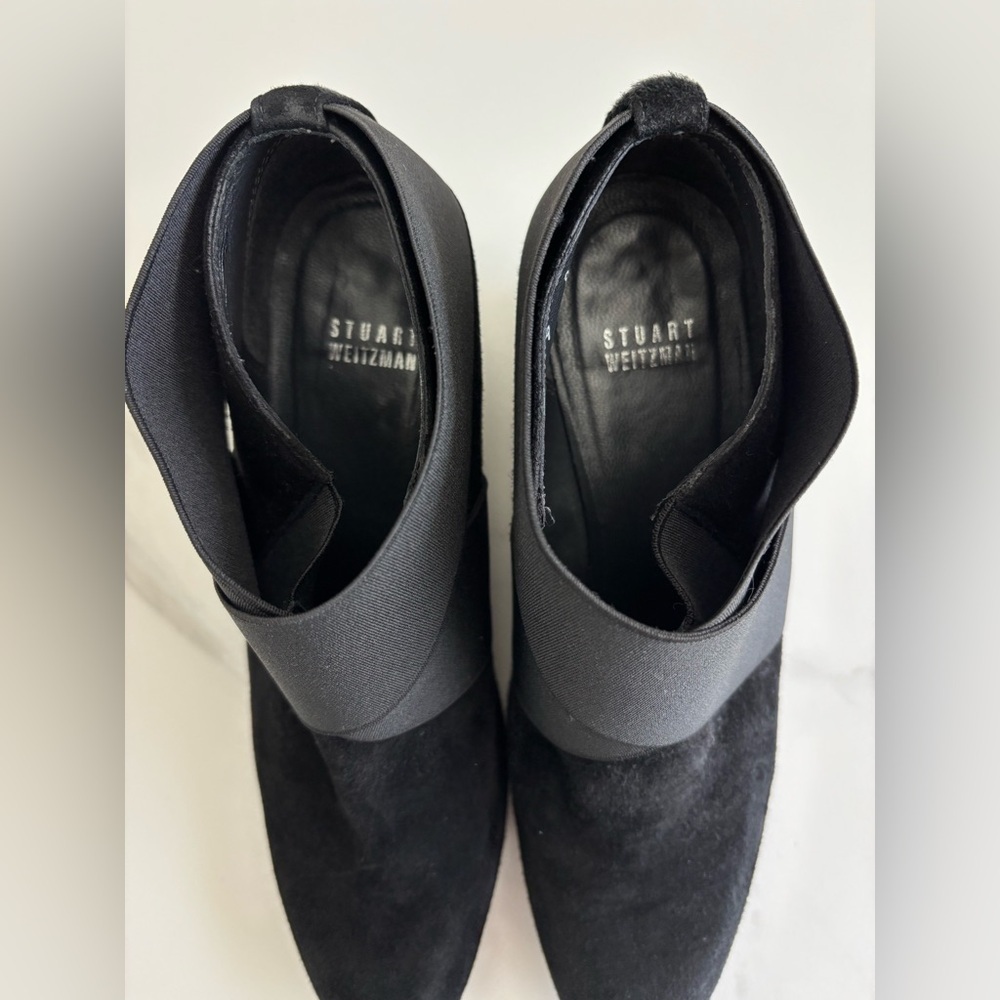 Stuart Weitzman black suede wedge booties with elastic straps size 8 - Picture 4 of 12